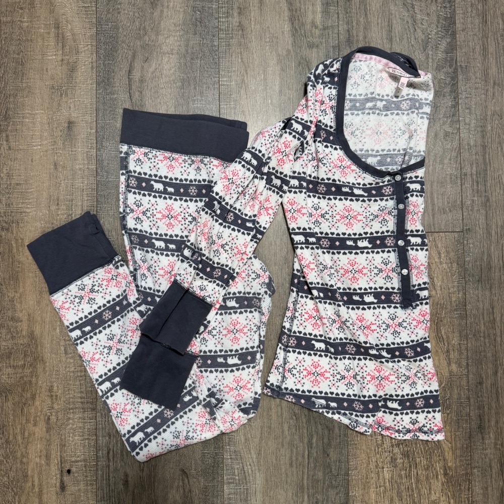 Victoria's Secret Pajama Set Thermal Fair Isle Polar Bear Snowflake Print Medium